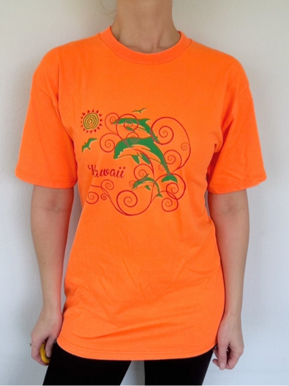 Vintage Hawaii neon orange dolphin graphic print cotton tee size medium